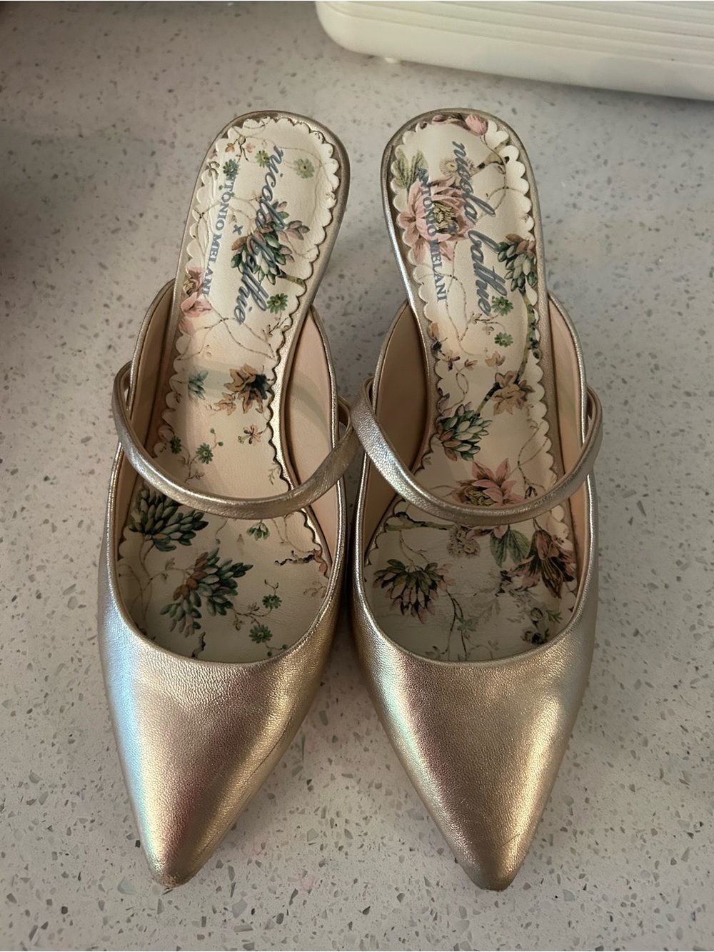 ANTONIO MELANI Metallic Gold Pointed-Toe Mary Jane Mules